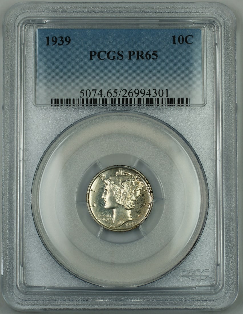 1939 Silver Mercury Dime Proof PR-65 PCGS Certified Philadelphia Mint Toned: 1939 Silver Mercury Dime Proof PR-65 PCGS Certified Philadelphia Mint Toned This is a 1939 Mercury Silver Dime with a denomination of 10 cents, minted in Philadelphia. Certified by PCGS with a grade o