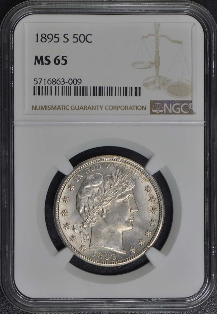 NGC MS65 1895-S San Francisco Barber Half Dollar Coin: NGC MS65 1895-S San Francisco Barber Half Dollar Coin This is an un-used 1895-S Barber Half Dollar graded MS65 by NGC. Minted in San Francisco, this pre-owned coin features the Barber Half Dollar desi