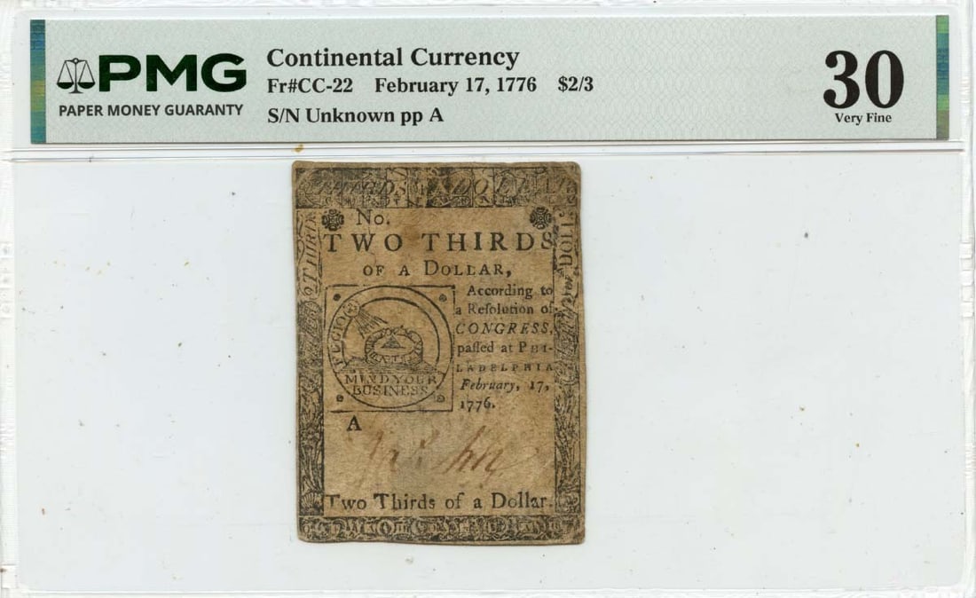 PMG VF30 1776 $2/3 Continental Currency February 17 United States Note: PMG VF30 1776 $2/3 Continental Currency February 17 United States Note This is a $2/3 Continental Currency note dated February 17, 1776. The note is graded VF30 by PMG and is circulated. It originates