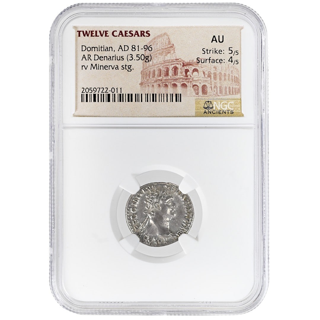 NGC AU Domitian Silver Denarius Twelve Caesars Roman Imperial Coin: NGC AU Domitian Silver Denarius Twelve Caesars Roman Imperial Coin This rare Roman Imperial AR Denarius dates from the reign of Domitian (AD 81-96) and features a reverse depicting Minerva standing. C