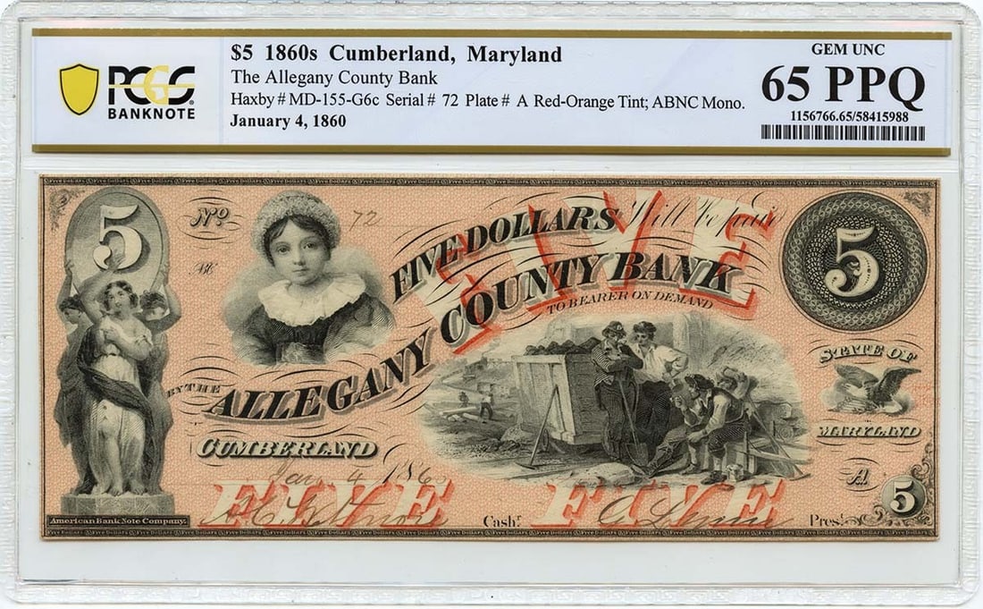 PCGS GEM 65 PPQ Allegany County Bank 1860 $5 Note: PCGS GEM 65 PPQ Allegany County Bank 1860 $5 Note This is an 1860 $5 obsolete banknote issued by the Allegany County Bank in Cumberland, Maryland. Certified by PCGS Banknote and graded GEM 65 PPQ, thi