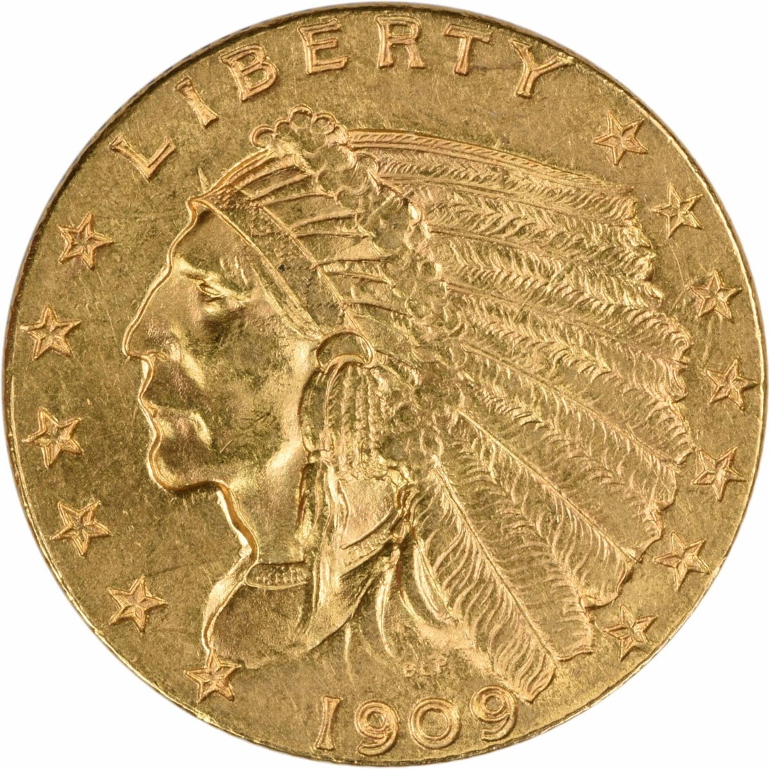 1909 Quarter Eagle Gold Indian Coin AU Grade Uncertified: 1909 Quarter Eagle Gold Indian Coin AU Grade Uncertified This 1909 $2.50 Gold Indian coin from the Philadelphia Mint is composed of 90% gold and 10% copper. Designed by Bela Lyon Pratt, it features a 
