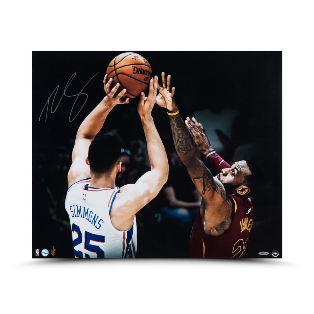 Ben Simmons Autographed 20x24 Photo with LeBron James 76ers Upper Deck: Ben Simmons Autographed 20x24 Photo with LeBron James 76ers Upper Deck This striking 20x24 photo captures a dynamic moment featuring Ben Simmons in a matchup against LeBron James, showcasing the excit