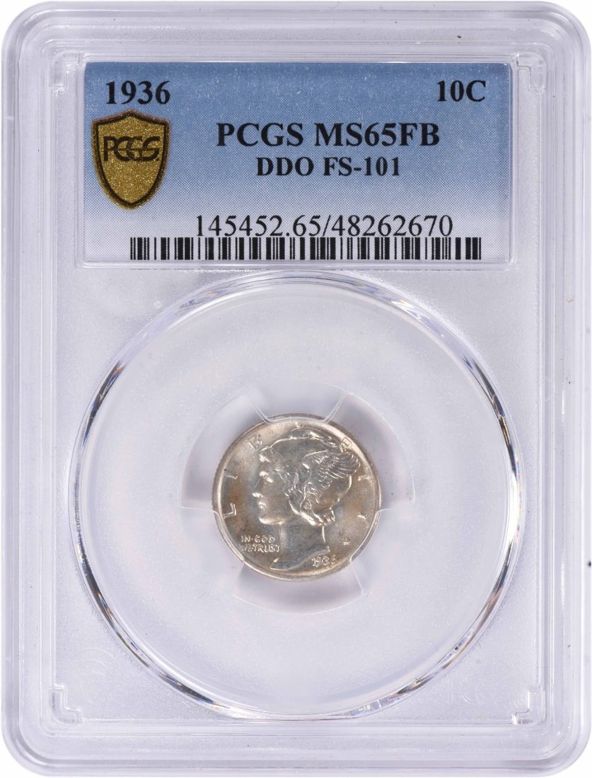 1936 Mercury Dime DDO FS-101 MS65FB PCGS Uncirculated 90% Silver: 1936 Mercury Dime DDO FS-101 MS65FB PCGS Uncirculated 90% Silver This 1936 Mercury Dime features a striking DDO FS-101 designation and is graded MS65FB by PCGS, confirming its uncirculated condition. 