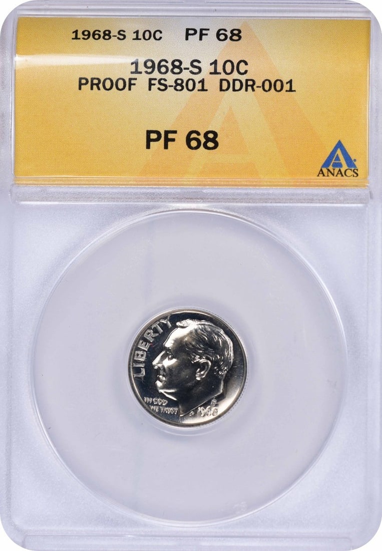 ANACS PF68 1968-S Roosevelt Dime DDR FS-801 Proof 10C: ANACS PF68 1968-S Roosevelt Dime DDR FS-801 Proof 10C This 1968-S Roosevelt Dime features the Double Die Reverse (DDR) FS-801 variety and has been certified by ANACS with a PF68 grade. Struck at the S