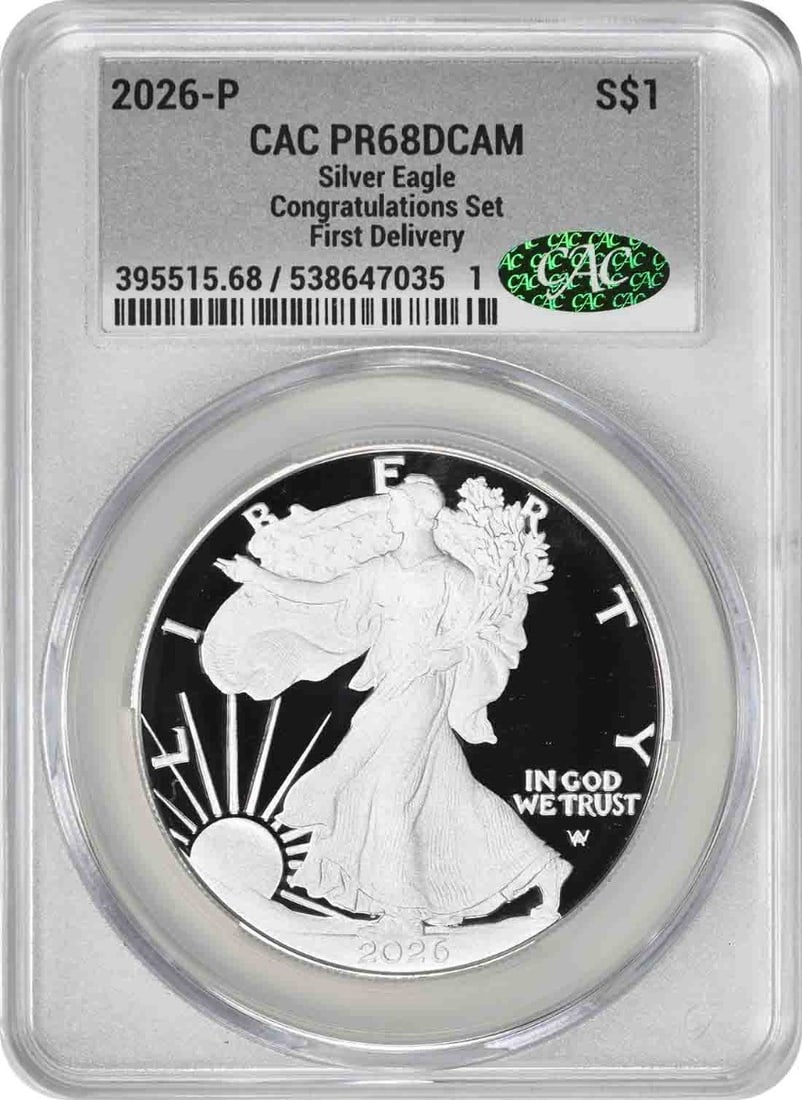 CACG PR68DCAM 2026-P American Silver Eagle Congratulations Set: CACG PR68DCAM 2026-P American Silver Eagle Congratulations Set This 2026-P $1 American Silver Eagle from the Congratulations Set is a proof coin graded PR68DCAM by CACG. Struck at the Philadelphia Min