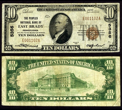 $10 1929 T-1 East Brady National Bank Note Peoples NB Charter 5356 (1 of 3)