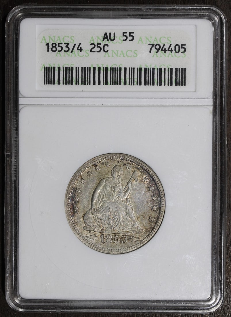 ANACS Soapbox 1853 Seated Liberty Quarter Arrows Rays 25C AU55 Silver: ANACS Soapbox 1853 Seated Liberty Quarter Arrows Rays 25C AU55 Silver This 1853 Seated Liberty Quarter features the Arrows and Rays variety and is certified by ANACS with a grade of AU55. Struck in Ph