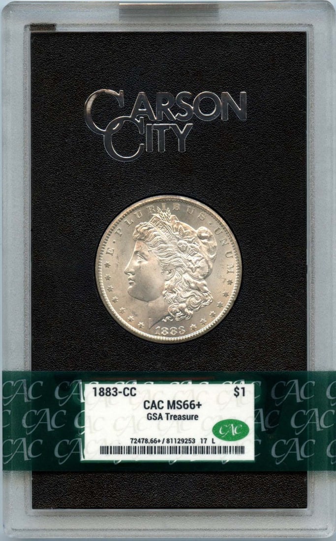 GSA Hoard 1883-CC Morgan Silver Dollar CACG Certified MS66 Plus CAC: GSA Hoard 1883-CC Morgan Silver Dollar CACG Certified MS66 Plus CAC This 1883-CC Morgan Dollar is part of the GSA Hoard and has been graded MS66+ by CACG. It is an uncirculated coin minted in Carson C