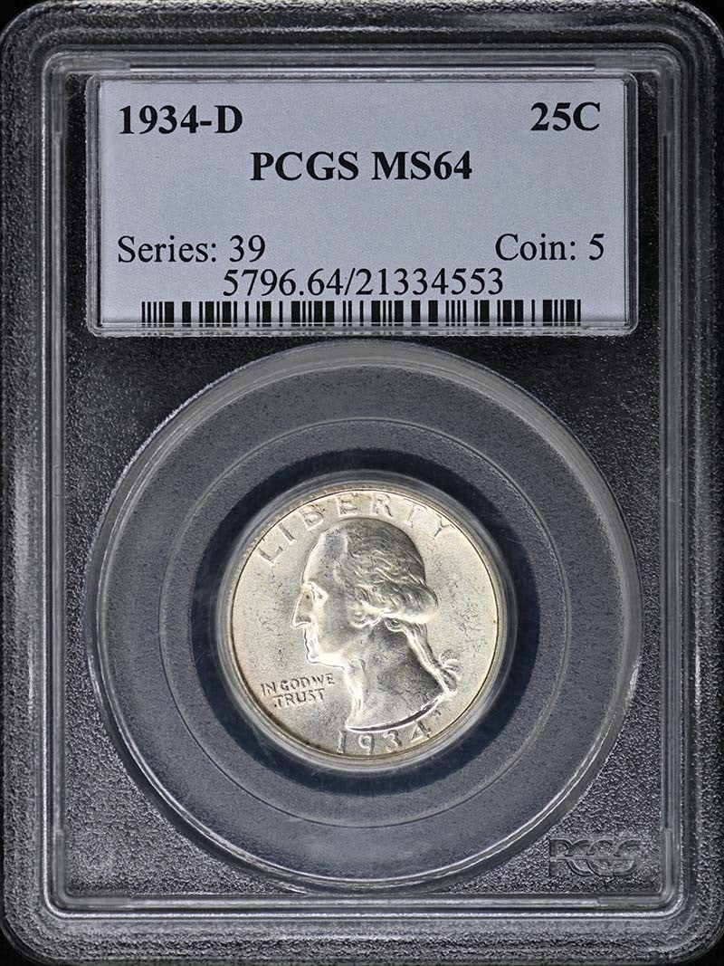PCGS MS64 Denver 1934-D Washington 25C Quarter: PCGS MS64 Denver 1934-D Washington 25C Quarter This is a 1934-D Washington Quarter graded MS64 by PCGS. The coin is uncirculated and was minted in Denver. It is a pre-owned collectible from the United