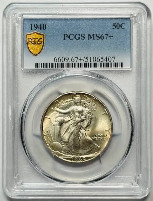 1940 P Walking Liberty Half Dollar PCGS MS67+ Uncirculated: 1940 P Walking Liberty Half Dollar PCGS MS67+ Uncirculated This stunning 1940 P Walking Liberty Half Dollar is certified by PCGS and boasts an impressive grade of MS 67+, indicating its exceptional un