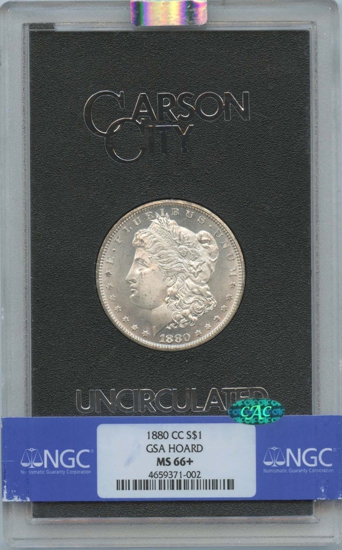 NGC MS66+ CAC 1880 Carson City Morgan Dollar GSA Hoard Silver $1 Coin: NGC MS66+ CAC 1880 Carson City Morgan Dollar GSA Hoard Silver $1 Coin This is an 1880-CC Morgan Dollar from the GSA Hoard, graded MS66+ by NGC with CAC approval. The coin is uncirculated and was minte