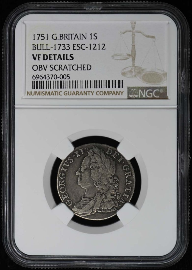 1751 United Kingdom 1 Shilling Coin NGC VF Details Certified: 1751 United Kingdom 1 Shilling Coin NGC VF Details Certified This 1751 Great Britain shilling features the ESC-1212 type and has been certified by NGC with a grade of VF Details. The coin is uncircula