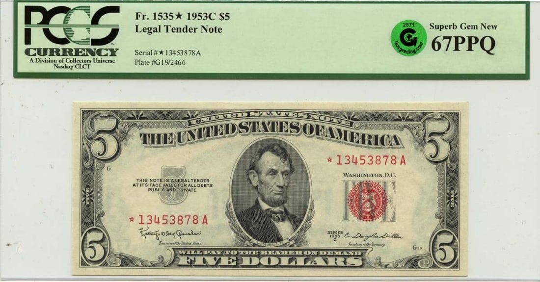 1953 $5 Legal Tender Note FR#1535* PCGS MS67 PPQ Uncirculated: 1953 $5 Legal Tender Note FR#1535* PCGS MS67 PPQ Uncirculated This 1953 $5 Legal Tender Note, designated as FR#1535*, is a remarkable piece certified by PCGS Currency with a grade of Superb Gem 67 PPQ