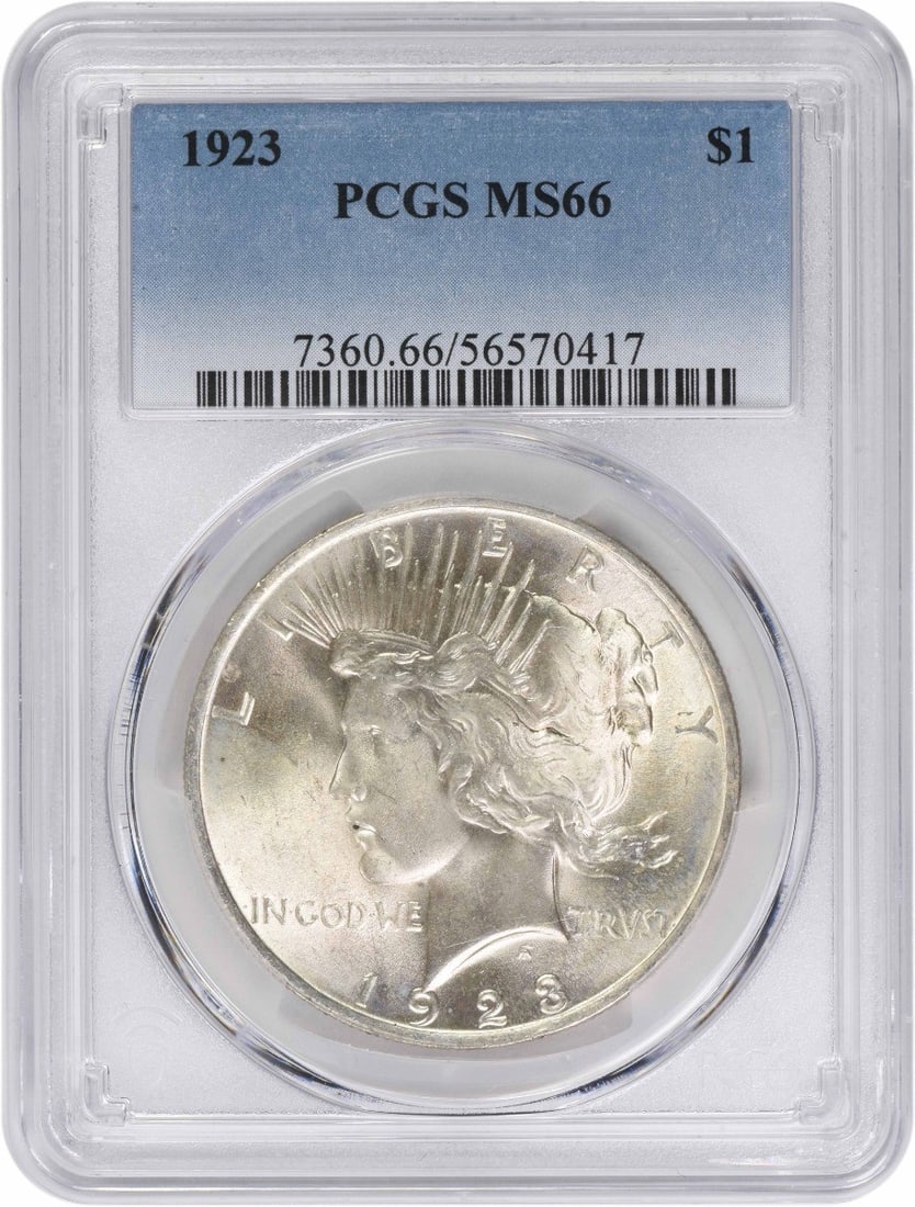 1923 Philadelphia Peace Dollar Graded MS66 by PCGS: 1923 Philadelphia Peace Dollar Graded MS66 by PCGS This 1923 Peace Silver Dollar is graded MS66 by PCGS and was minted in Philadelphia. Composed of 90% silver and 10% copper, this uncirculated coin fe