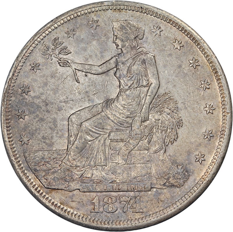 1874-S Trade Dollar Silver Coin Nice AU/BU San Francisco Mint: 1874-S Trade Dollar Silver Coin Nice AU/BU San Francisco Mint This 1874-S Trade Dollar showcases impressive eye appeal with a nice strike. The coin presents decent coloration and surfaces, featuring s