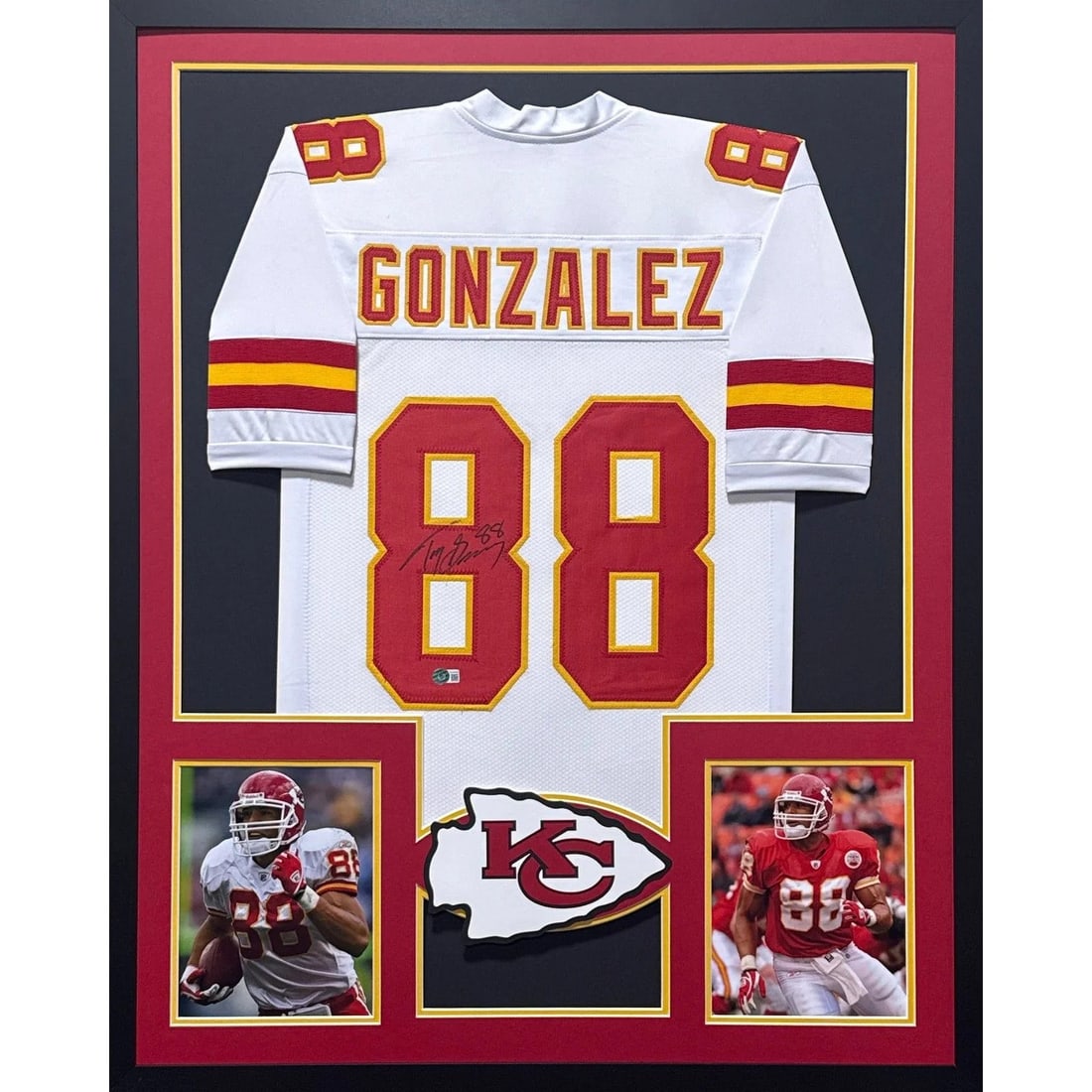 Beckett Authenticated Tony Gonzalez Framed Chiefs Jersey: Beckett Authenticated Tony Gonzalez Framed Chiefs Jersey This framed white Kansas City Chiefs jersey has been autographed by Tony Gonzalez. The jersey is presented in a professionally crafted frame fe