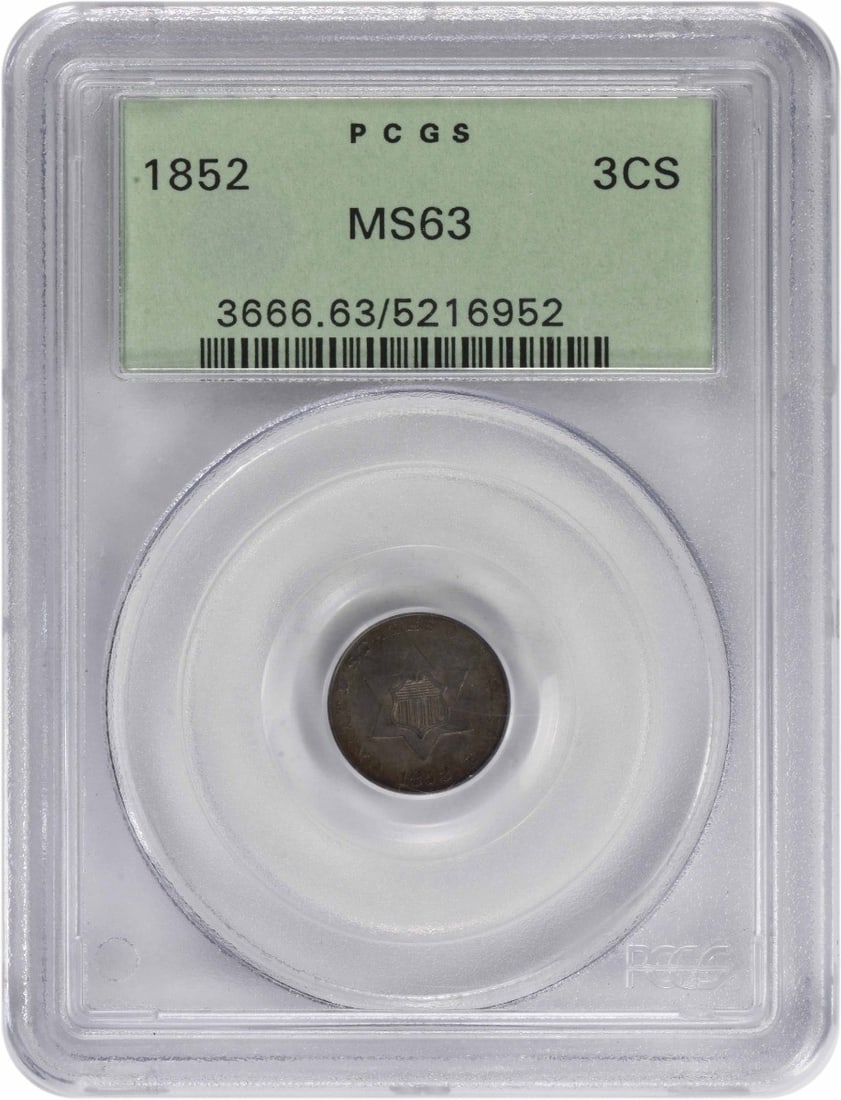 1852 Three Cent Silver Coin MS63 PCGS Philadelphia Mint: 1852 Three Cent Silver Coin MS63 PCGS Philadelphia Mint This 1852 Three Cent Silver coin is certified by PCGS and graded MS63, indicating it is in uncirculated condition. Minted in Philadelphia, this 