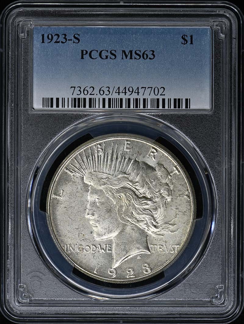 1923 San Francisco Peace Dollar PCGS MS63: 1923 San Francisco Peace Dollar PCGS MS63 This is a 1923-S Peace Dollar graded MS63 by PCGS. The coin is uncirculated and originates from the San Francisco Mint. It is a pre-owned collectible from the