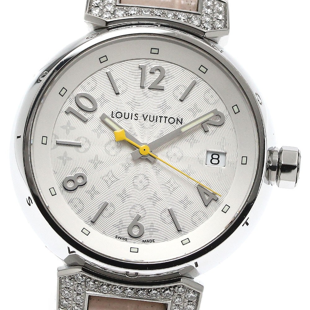 Louis Vuitton Tambour MM Q1310 Women's Quartz Wristwatch Diamond Lug: Louis Vuitton Tambour MM Q1310 Women's Quartz Wristwatch Diamond Lug Louis Vuitton Tambour MM Diamond Lug quartz women's wristwatch in pre-owned condition. The watch is identified as a Louis Vuitton m