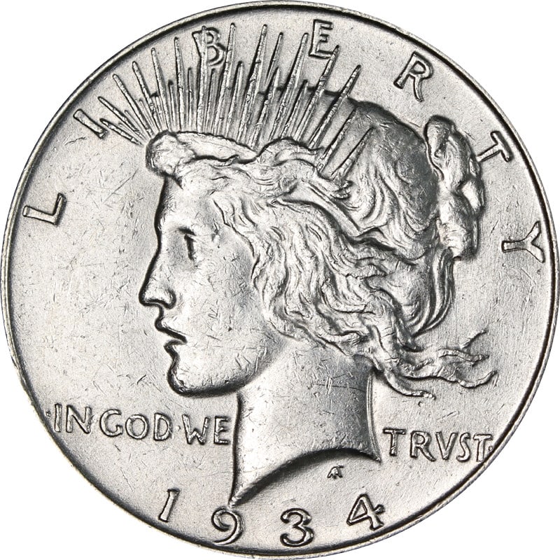 1934 Philadelphia Peace Silver Dollar: 1934 Philadelphia Peace Silver Dollar This 1934-P Peace Dollar is a circulated silver coin from the United States. Minted in 1934, it is composed of 90% silver and has not been certified. The coin is 