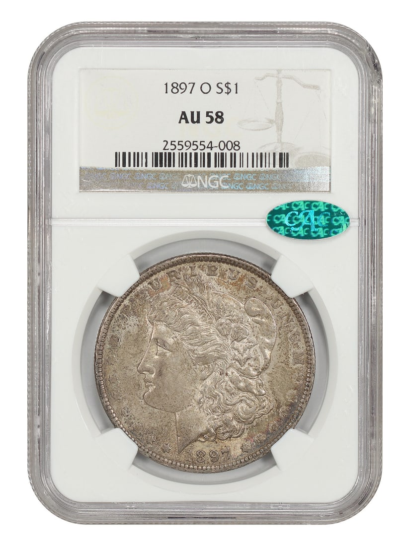 1897-O Morgan Dollar $1 NGC AU58 CAC New Orleans Mint: 1897-O Morgan Dollar $1 NGC AU58 CAC New Orleans Mint 1897-O Morgan Dollar $1, certified by NGC and graded AU58. This New Orleans Mint issue is noted as a popular better date. Condition: pre-owned. Sp