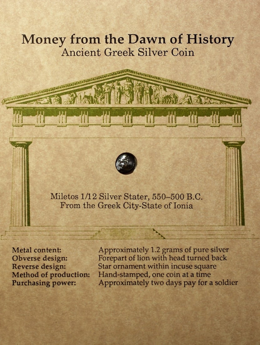 Ancient 1/12 Silver Stater Coin from Miletos Ionia 550-500 BC: Ancient 1/12 Silver Stater Coin from Miletos Ionia 550-500 BC This is a 1/12 silver stater coin from the ancient Greek city-state of Miletos in Ionia, dating between 550 and 500 BC. The coin is compos