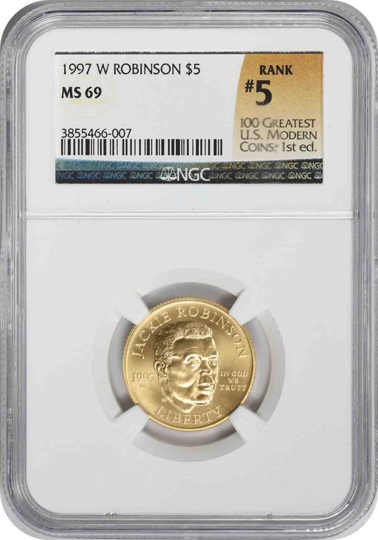 1997 Gold Five Dollar Jackie Robinson MS69 Coin Certified by NGC: 1997 Gold Five Dollar Jackie Robinson MS69 Coin Certified by NGC This 1997-W Jackie Robinson Commemorative $5 gold coin is graded MS69 by NGC. Struck at the West Point Mint, it is composed of gold and