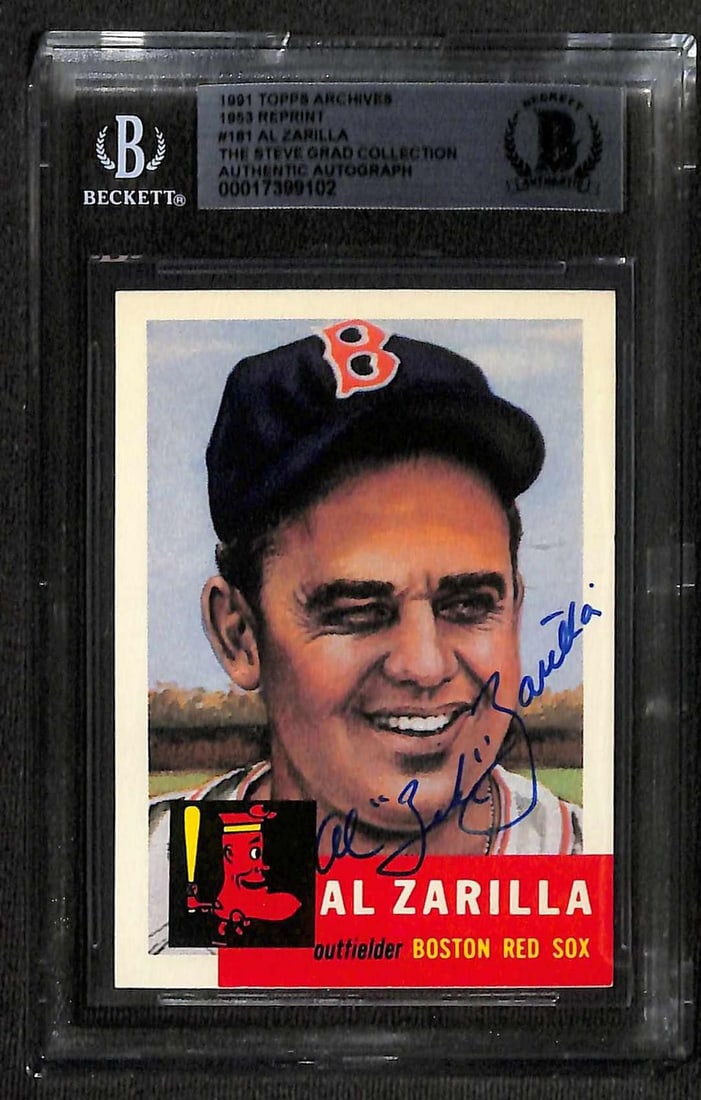 Beckett Slabbed Al Zarilla Autographed 1953 Topps Reprint Card: Beckett Slabbed Al Zarilla Autographed 1953 Topps Reprint Card This is a signed 1953 Topps reprint baseball card featuring Boston Red Sox outfielder Al Zarilla. The card is from the 1991 Topps Archive