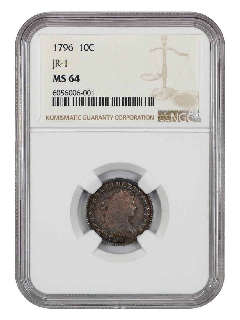 1796 Draped Bust 10C NGC MS64 JR-1 Small Eagle Variety: 1796 Draped Bust 10C NGC MS64 JR-1 Small Eagle Variety 1796 Draped Bust Dime, JR-1 variety, certified by NGC and graded MS64. This is the first regular issue U.S. dime and one of only two issues of th