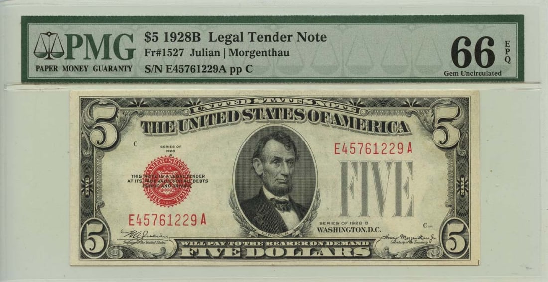 1928B $5 Legal Tender Note Fr# 1527 PMG Gem66 EPQ Uncirculated: 1928B $5 Legal Tender Note Fr# 1527 PMG Gem66 EPQ Uncirculated This 1928B $5 Legal Tender Note, designated as Fr# 1527, is certified by PMG with a grade of Gem 66 EPQ. It represents a remarkable piece