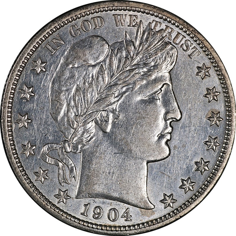 1904-O Silver Barber Half Dollar Choice AU BU: 1904-O Silver Barber Half Dollar Choice AU BU This 1904-O Barber Half Dollar is a silver coin from the United States, featuring a strong strike and attractive luster. Graded as Choice About Uncirculat
