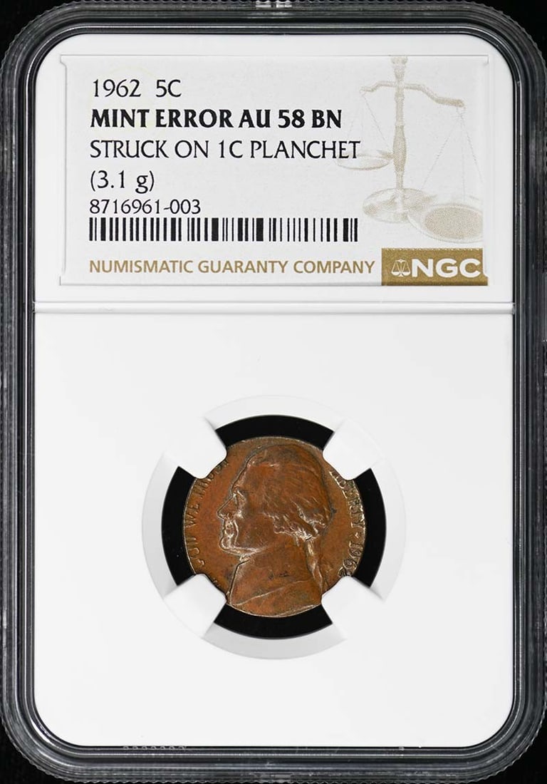 1962 Jefferson Nickel NGC AU58 BN Struck on Penny Planchet: 1962 Jefferson Nickel NGC AU58 BN Struck on Penny Planchet This 1962 United States 5-cent coin is a mint error, having been struck on a 1-cent planchet. Certified by NGC with a grade of AU58, this err