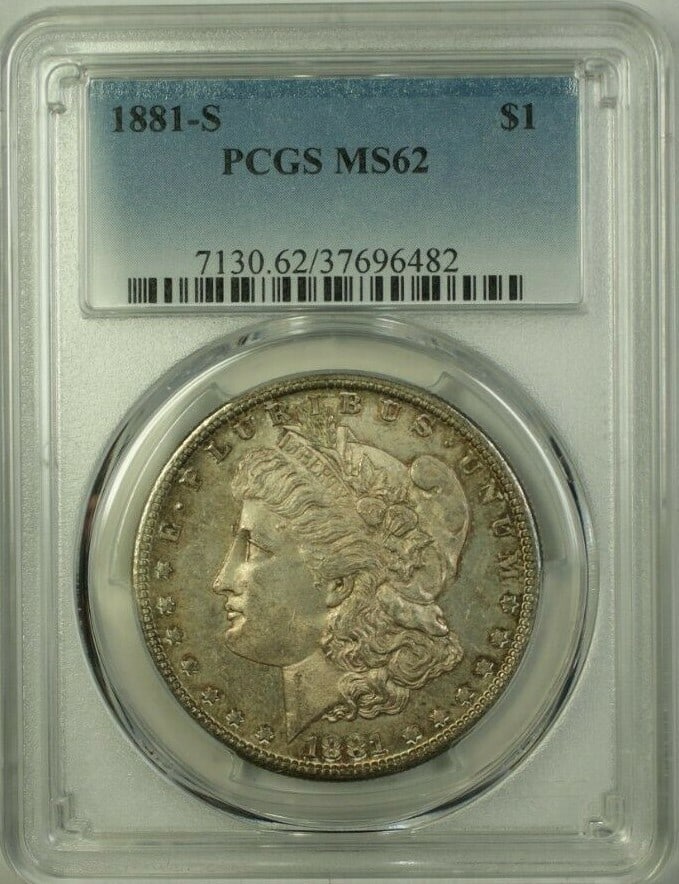 PCGS MS-62 1881-S Morgan Dollar Silver Coin With Toning: PCGS MS-62 1881-S Morgan Dollar Silver Coin With Toning This is an 1881-S Morgan Silver Dollar coin from the San Francisco Mint, graded MS-62 by PCGS. The coin is composed of silver and features attra