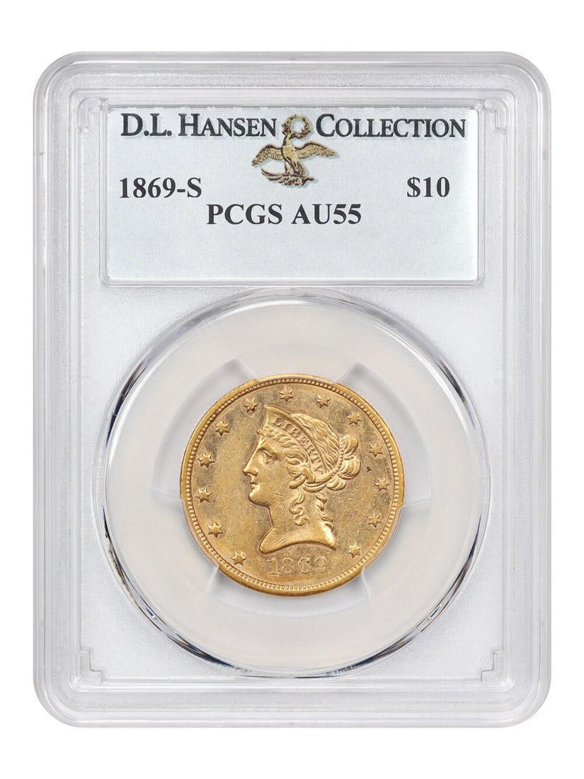 1869-S $10 Liberty Head Gold Coin PCGS AU55 Rare Find: 1869-S $10 Liberty Head Gold Coin PCGS AU55 Rare Find The 1869-S $10 Liberty Head coin, certified by PCGS with a grade of AU55, is a remarkable addition for any numismatist. With only 6,430 pieces min