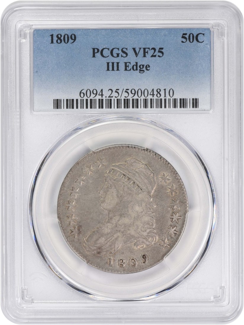 1809 US Bust Silver Half Dollar 50C VF25 PCGS Certified: 1809 US Bust Silver Half Dollar 50C VF25 PCGS Certified This 1809 Bust Silver Half Dollar is a remarkable piece of American numismatic history. Minted in Philadelphia, it features the design of John R