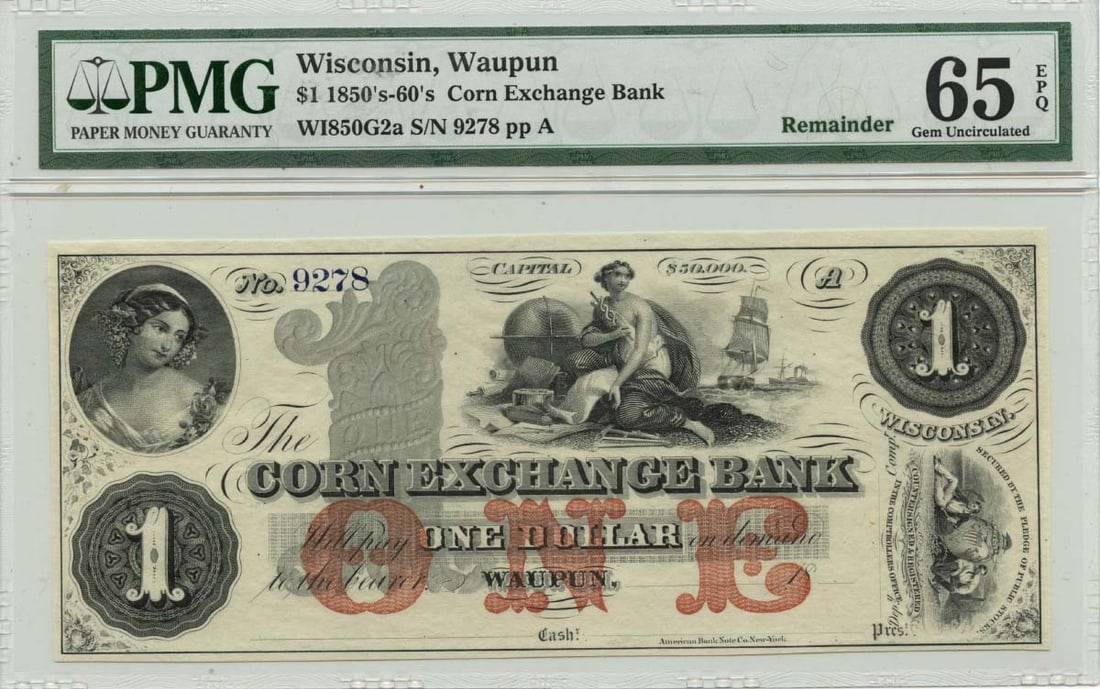1850s-60s $1 Waupun WI Corn Exchange Bank PMG Gem 65 EPQ Obsolete Note: 1850s-60s $1 Waupun WI Corn Exchange Bank PMG Gem 65 EPQ Obsolete Note This uncirculated obsolete note from Wisconsin, issued in the 1850s-60s, is a remarkable piece for collectors. Certified by PMG w