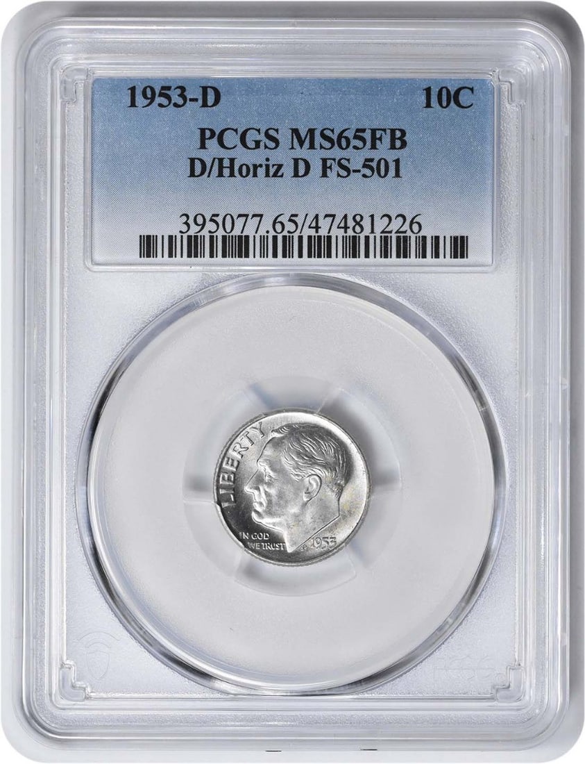 1953-D Roosevelt Silver Dime MS65FB PCGS Denver Mint: 1953-D Roosevelt Silver Dime MS65FB PCGS Denver Mint This 1953-D Roosevelt Silver Dime is an impressive piece of numismatic history, graded MS65FB by PCGS, indicating its exceptional quality and eye a