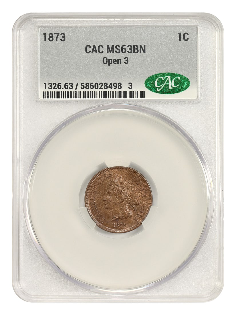 1873 Indian Cent CACG MS63BN Open 3: 1873 Indian Cent CACG MS63BN Open 3 This 1873 Indian Cent features the Open 3 variety and bears a brown (BN) coloration. Certified by CACG, this coin was minted in Philadelphia and is a slightly more 