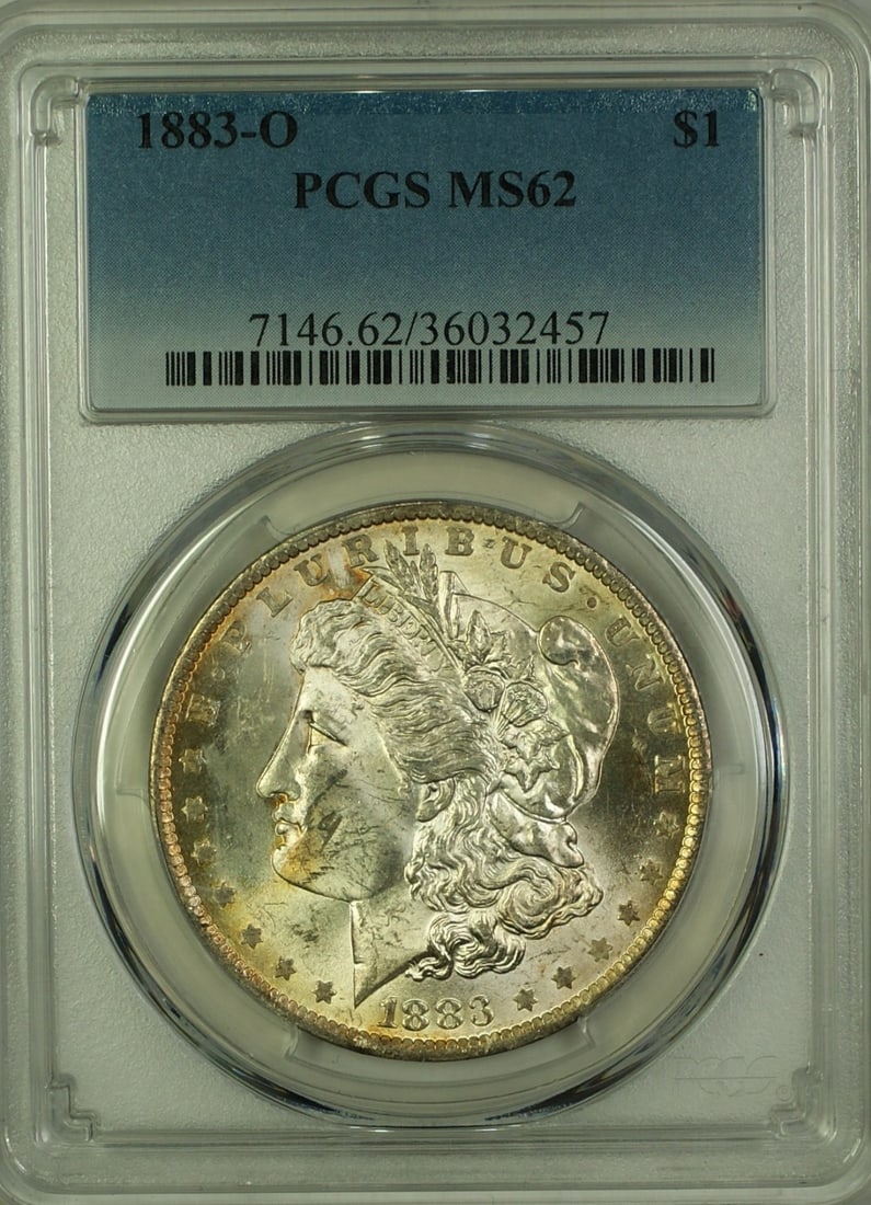 PCGS MS-62 1883-O Morgan Dollar Silver Coin With Light Toning: PCGS MS-62 1883-O Morgan Dollar Silver Coin With Light Toning This is an 1883-O Morgan Silver Dollar graded MS-62 by PCGS. The coin is composed of silver, minted in New Orleans, and features light ton