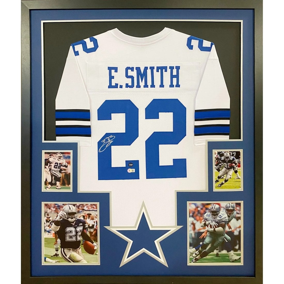 Framed Emmitt Smith autographed Dallas Cowboys jersey Beckett authenticated: Framed Emmitt Smith autographed Dallas Cowboys jersey Beckett authenticated This framed white jersey is autographed by Emmitt Smith of the Dallas Cowboys and includes Beckett authentication with a tam