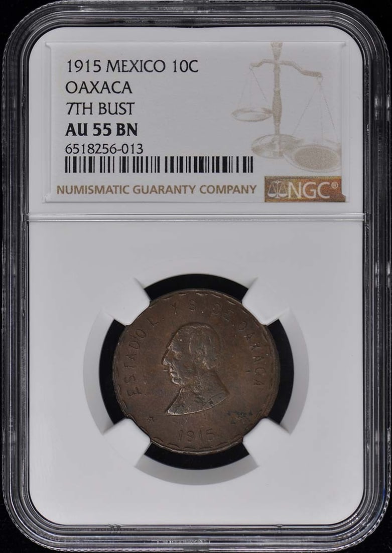 1915 Mexico Oaxaca 10 Centavos Coin NGC AU55 Certified: 1915 Mexico Oaxaca 10 Centavos Coin NGC AU55 Certified This 1915 Mexico Oaxaca 10 Centavos coin is certified by NGC with a grade of AU55, indicating a well-preserved circulated condition. It features 