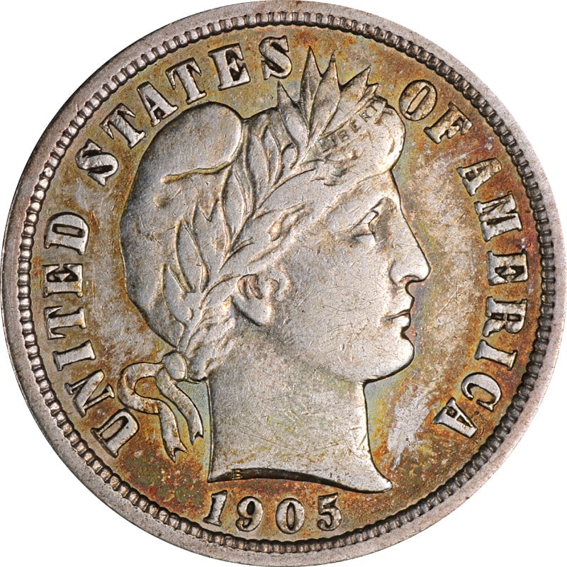Silver 1905-O Barber Dime with Attractive Toning from New Orleans Mint: Silver 1905-O Barber Dime with Attractive Toning from New Orleans Mint This 1905-O Barber Dime was minted in New Orleans and is composed of silver. The coin features natural toning and is in circulate