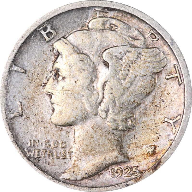 1925 San Francisco Silver Dime Mercury Design Circulated US Coin: 1925 San Francisco Silver Dime Mercury Design Circulated US Coin This is a 1925-S Mercury Dime from the San Francisco Mint. The coin is composed of 90% silver and is circulated. It originates from the