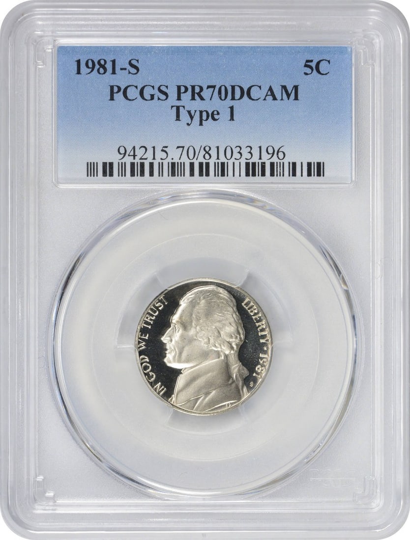 1981-S Jefferson Nickel Type 1 PR70DCAM PCGS Uncirculated Proof Coin: 1981-S Jefferson Nickel Type 1 PR70DCAM PCGS Uncirculated Proof Coin This 1981-S Jefferson Nickel Type 1 is a stunning example of numismatic excellence, graded PR70DCAM by PCGS, indicating it is in pr