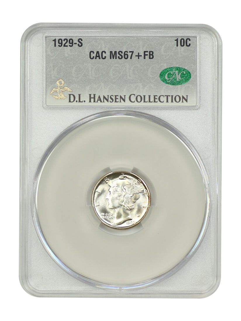 CACG MS67+FB 1929-S Mercury Dime 10C ex D.L. Hansen: CACG MS67+FB 1929-S Mercury Dime 10C ex D.L. Hansen This 1929-S Mercury Dime is certified by CACG and graded MS67+ with Full Bands. It is described as a stunning, conditionally rare survivor of the ot