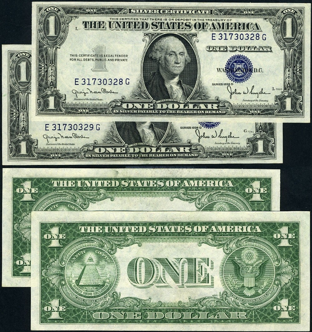 1935-D $1 Silver Certificate E-G Block Choice Uncirculated Change-Over Pair: 1935-D $1 Silver Certificate E-G Block Choice Uncirculated Change-Over Pair This listing features a 1935-D $1 Silver Certificate, series FR. 1613, presented as a change-over pair from narrow to wide. 