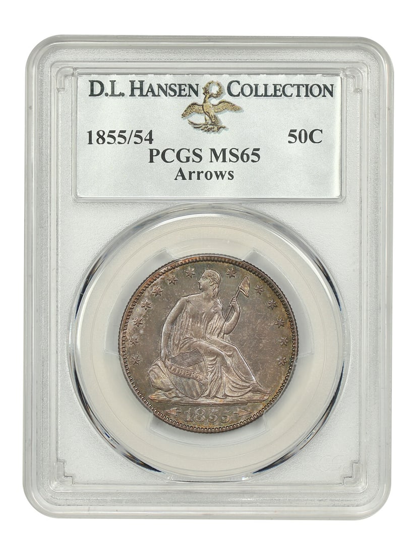 1855/54 50C PCGS MS65 Liberty Seated Half Dollar Ex D.L. Hansen: 1855/54 50C PCGS MS65 Liberty Seated Half Dollar Ex D.L. Hansen This exceptional 1855/54 50C coin is certified by PCGS as MS65, making it a rare find among Liberty Seated Half Dollars. The coin featur