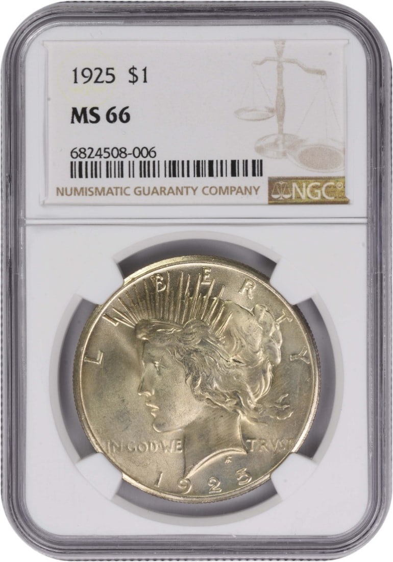 1925 Peace Dollar Graded MS66 by NGC Uncirculated US Silver Coin: 1925 Peace Dollar Graded MS66 by NGC Uncirculated US Silver Coin This is a 1925 Peace Silver Dollar graded MS66 by NGC. Minted in Philadelphia, this uncirculated coin features a composition of 90% sil