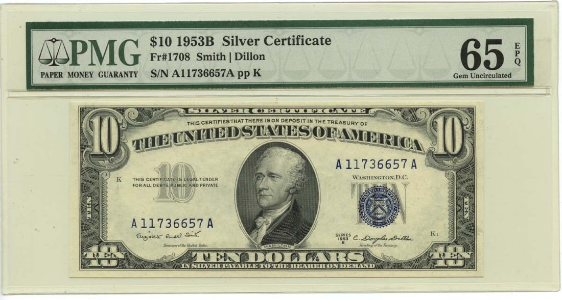 1953B $10 Silver Certificate Fr# 1708 PMG GEM 65 EPQ: 1953B $10 Silver Certificate Fr# 1708 PMG GEM 65 EPQ This 1953B $10 Silver Certificate features the signature of Smith and Dillon, identified as Fr# 1708. Graded by PMG as GEM 65 EPQ, this note is con